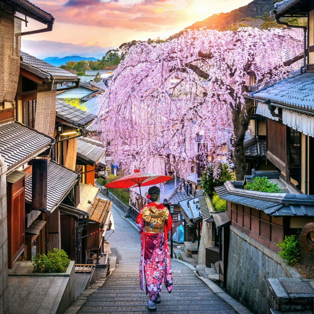 Woman wearing japanese traditional kimono walking at Historic Higashiyama district in spring, Kyoto in Japan. Woman wearing japanese traditional kimono walking at Historic Higashiyama district in spring, Kyoto in Japan.