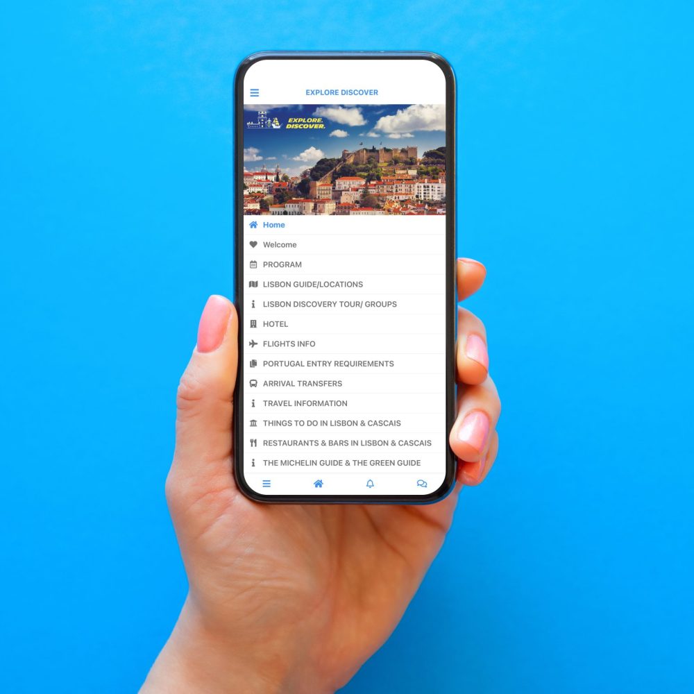 Mobile phone on blue background with shared photo on social media app Mobile phone on blue background with shared photo on social media app